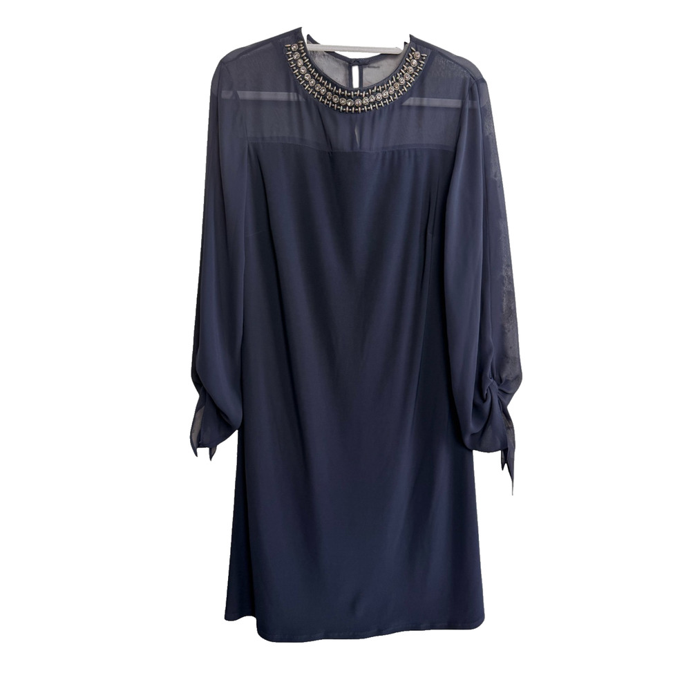 Frank Lyman Navy Dress 10 Beaded Rhinestone Illusion Neck Shift Wedding Cruise
